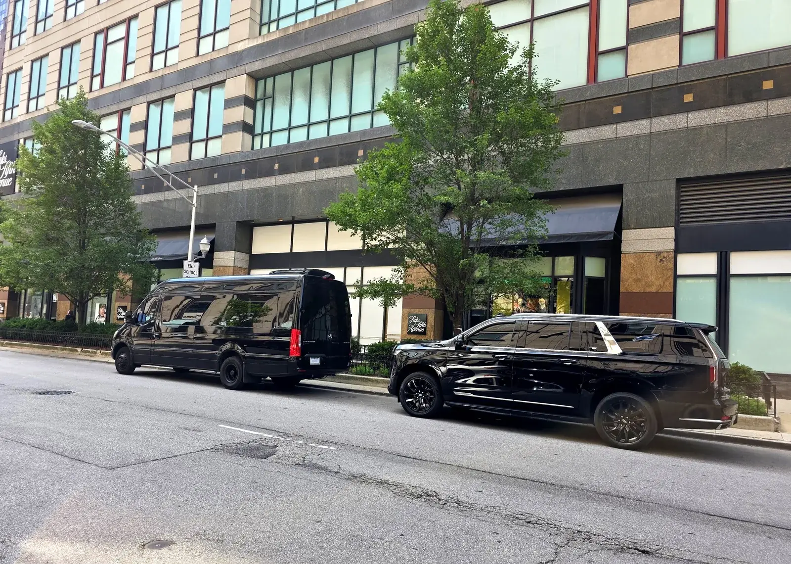 Black Mercedes Sprinter and Cadillac Escalade parked on a tree-lined downtown Chicago street