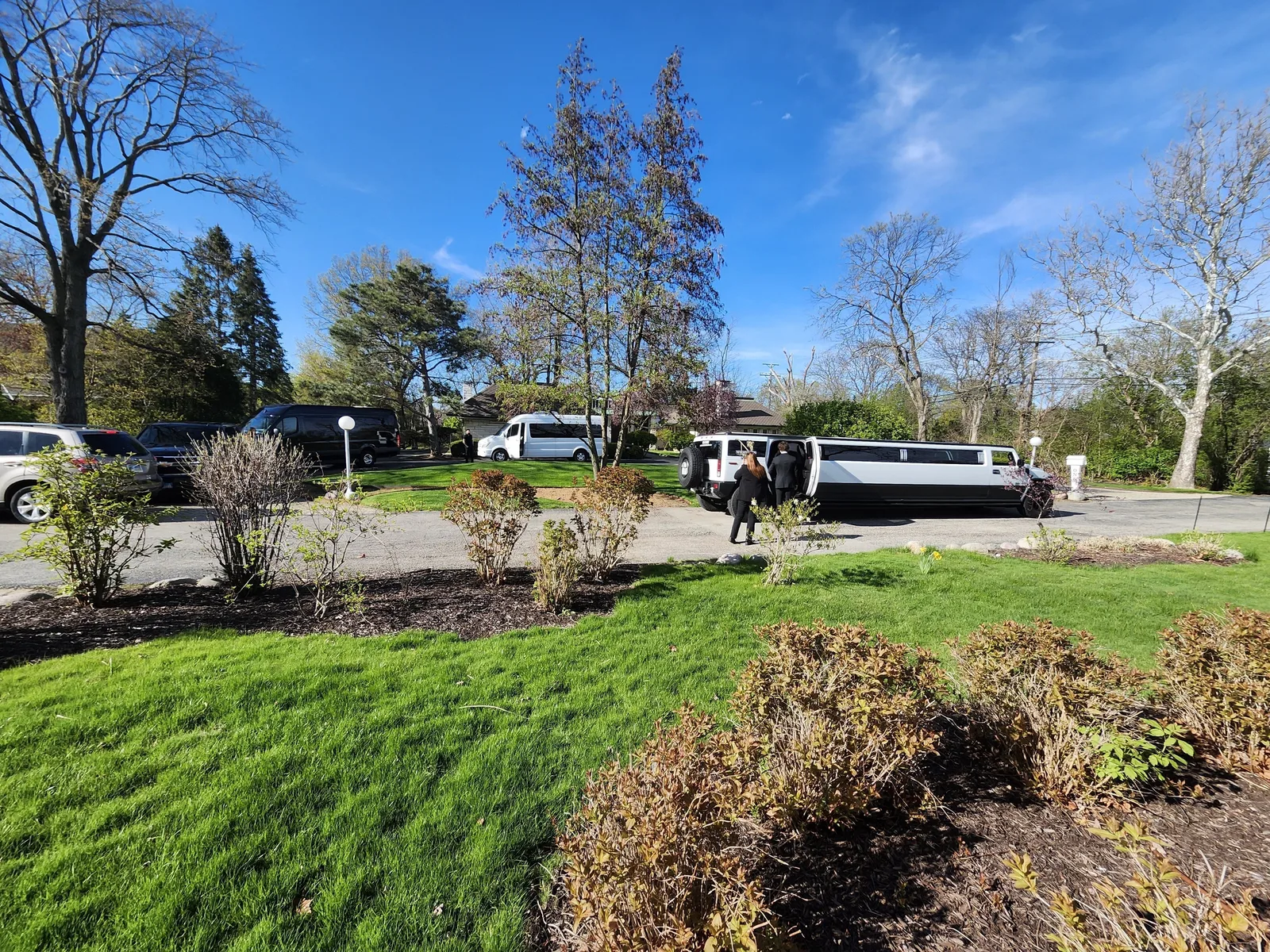 White Hummer stretch limousine in a suburban driveway beyond a landscaped lawn